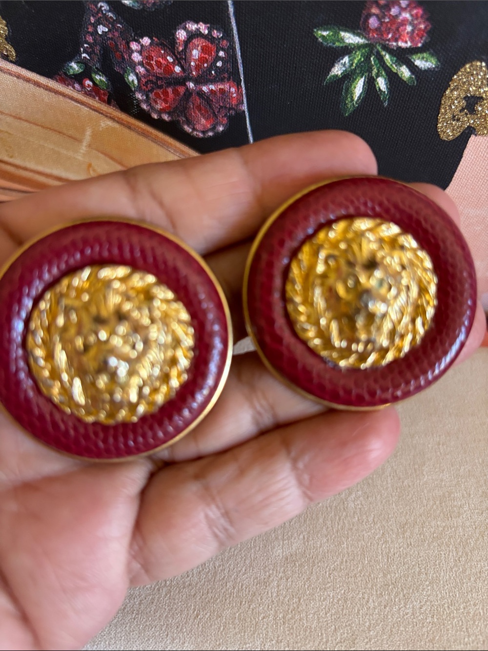 Vintage Burgundy and Gold Round Clip-On Earrings
